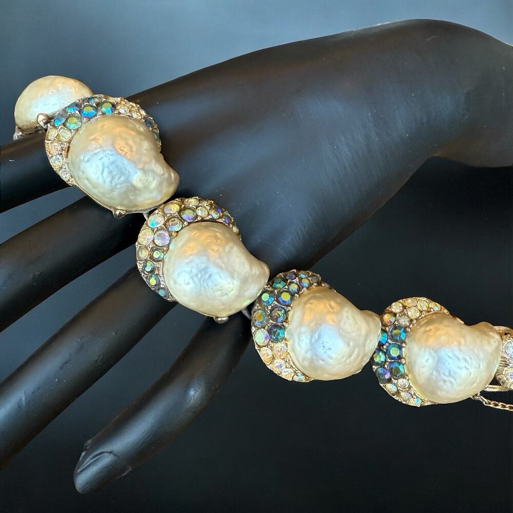 Vintage Faux Baroque Pearl Link Bracelet Blue & Clear AB Rhinestones Mermaid